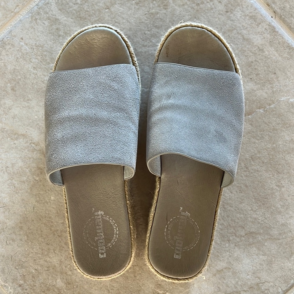 Coolway gray suede platform sandals.